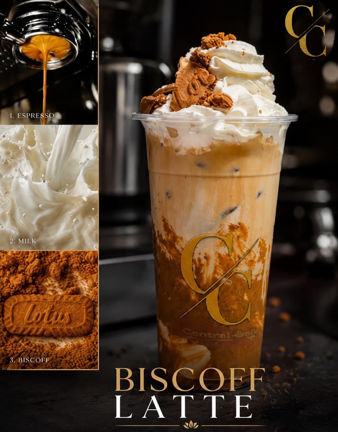 A Biscoff latte in a Central Cafè cup, topped with whipped cream and crushed Lotus biscuit