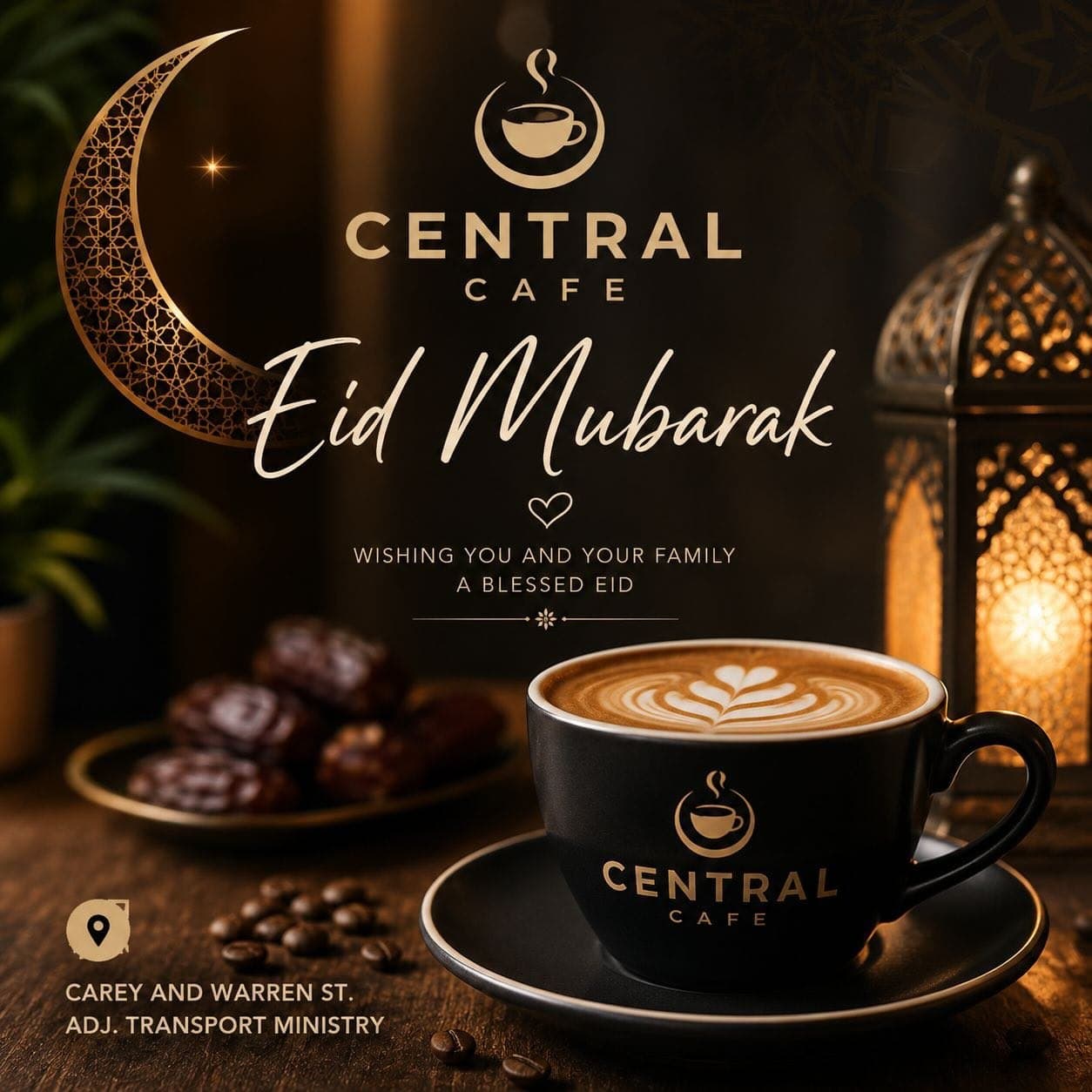 A latte in a black Central Cafe cup with dates and a lantern, marking Eid
